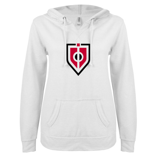  ENZA Womens White V Notch Raw Edge Fleece Hoodie - Shield