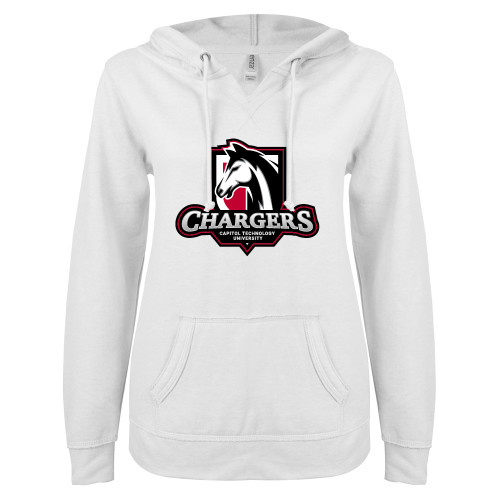  ENZA Womens White V Notch Raw Edge Fleece Hoodie - Capitol Tech Chargers