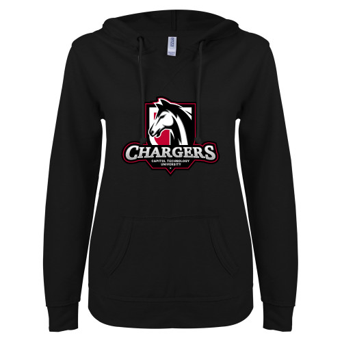  ENZA Womens Black V Notch Raw Edge Fleece Hoodie - Capitol Tech Chargers