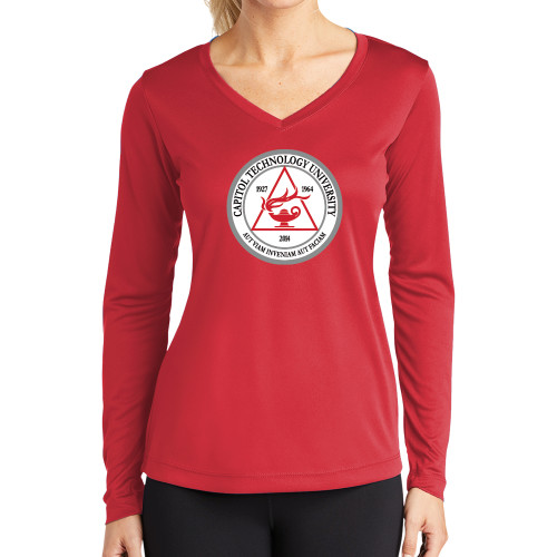  Womens Red Performance Long Sleeve V Neck Shirt - University Seal