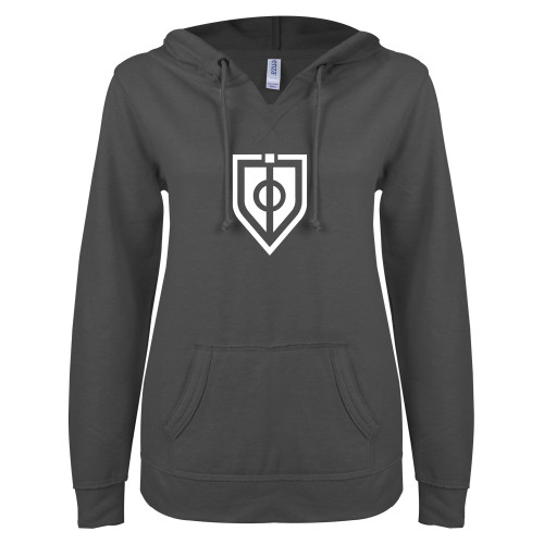  ENZA Womens Dark Heather V Notch Raw Edge Fleece Hoodie - Shield