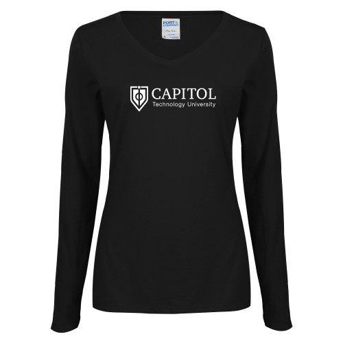  Womens Black Long Sleeve V Neck Tee  - Primary Mark
