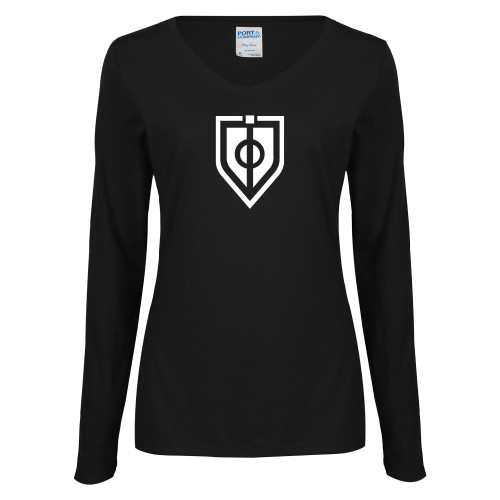  Womens Black Long Sleeve V Neck Tee  - Shield