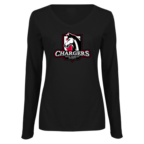  Womens Black Long Sleeve V Neck Tee  - Capitol Tech Chargers
