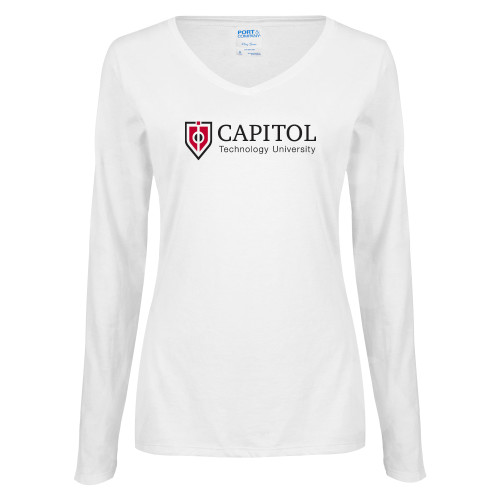  Womens White Long Sleeve V Neck Tee - Primary Mark