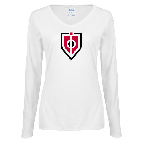  Womens White Long Sleeve V Neck Tee - Shield
