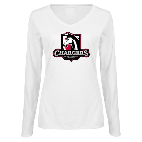  Womens White Long Sleeve V Neck Tee - Capitol Tech Chargers