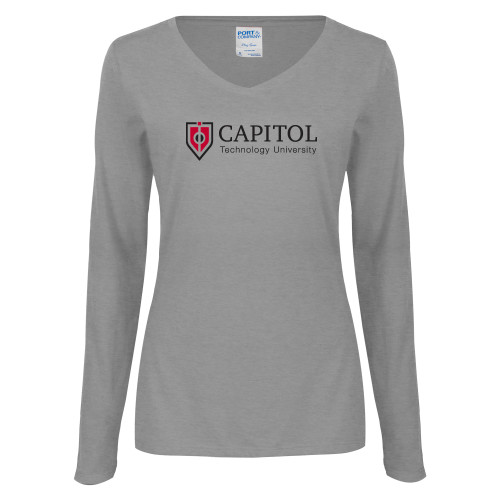 Womens Grey Long Sleeve V Neck Tee  - Primary Mark