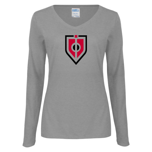  Womens Grey Long Sleeve V Neck Tee  - Shield