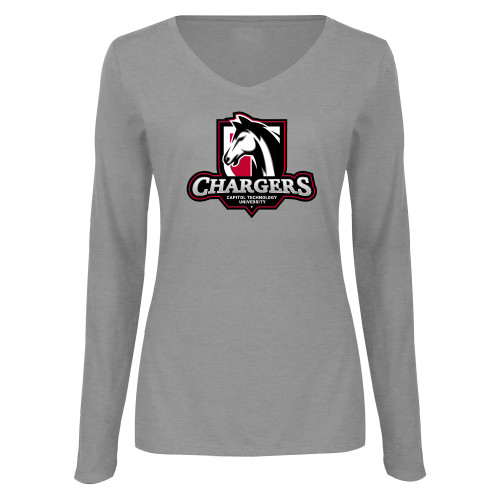  Womens Grey Long Sleeve V Neck Tee  - Capitol Tech Chargers