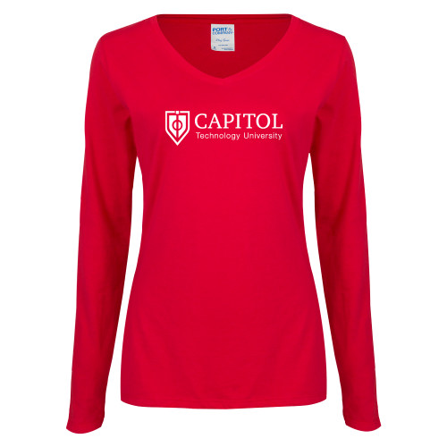  Womens Red Long Sleeve V Neck Tee - Primary Mark