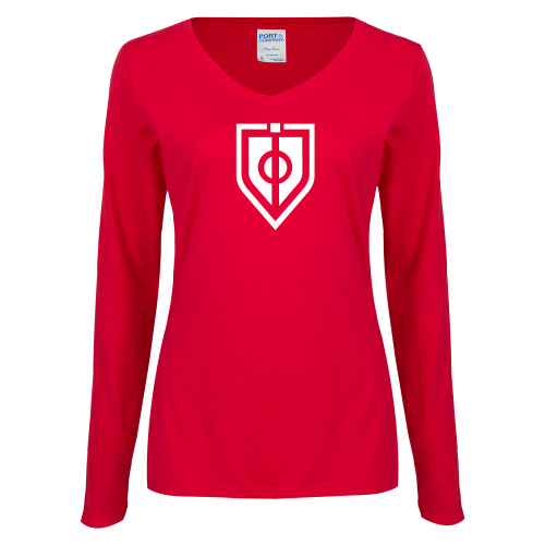  Womens Red Long Sleeve V Neck Tee - Shield