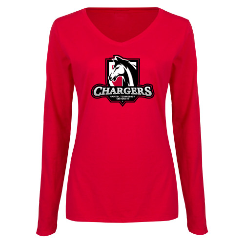  Womens Red Long Sleeve V Neck Tee - Capitol Tech Chargers