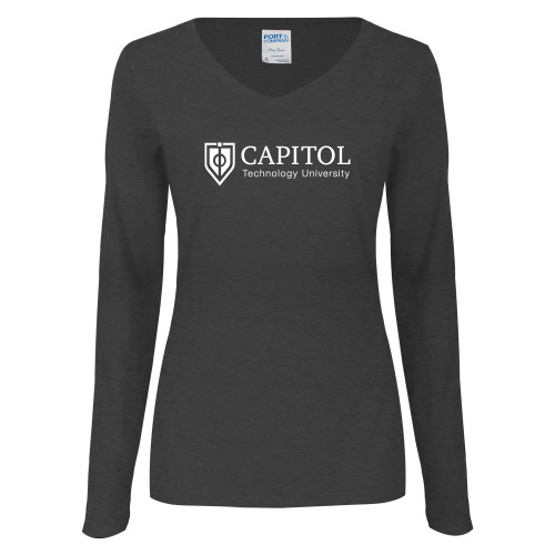  Womens Dark Heather Long Sleeve V Neck Tee  - Primary Mark