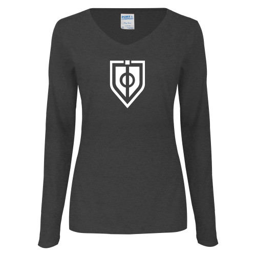  Womens Dark Heather Long Sleeve V Neck Tee  - Shield