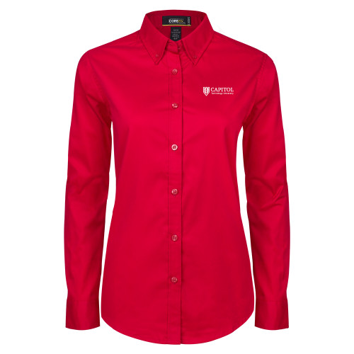  Womens Red Twill Button Down Long Sleeve  - Primary Mark