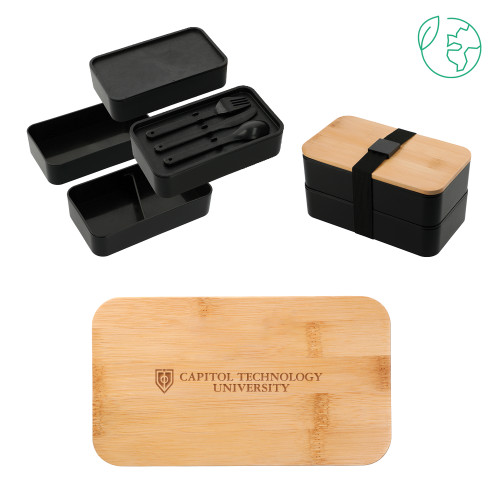  Stackable Bamboo Fiber Black Bento Box - Flat Wordmark  Engraved