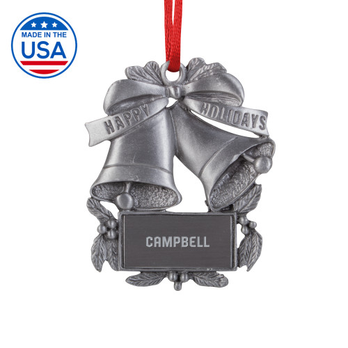  Pewter Holiday Bells Ornament - Campbell University Campbell Wordmark Engraved