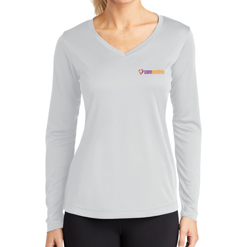 Womens White Performance Long Sleeve V Neck Shirt-Primary Mark