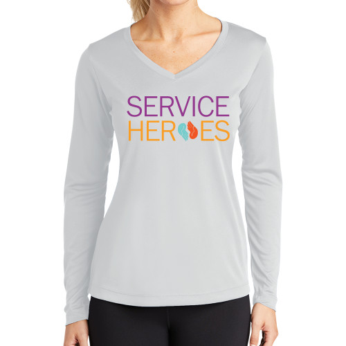 Womens White Performance Long Sleeve V Neck Shirt-Service Heroes