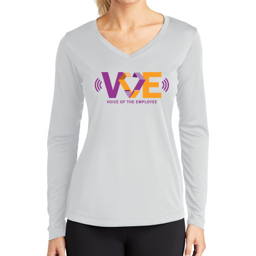 Womens White Performance Long Sleeve V Neck Shirt-VOE