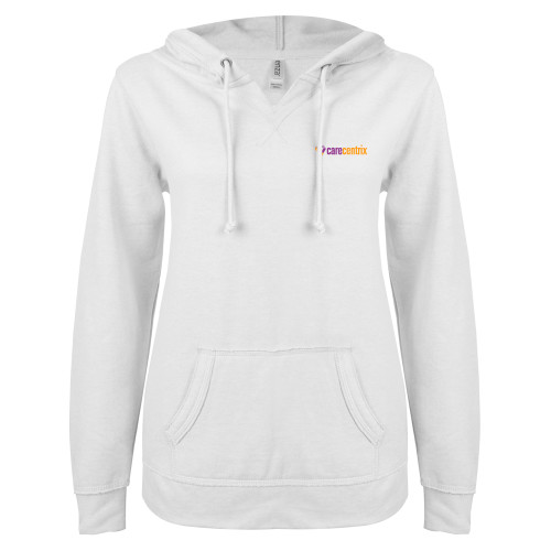 ENZA Womens White V Notch Raw Edge Fleece Hoodie-Primary Mark
