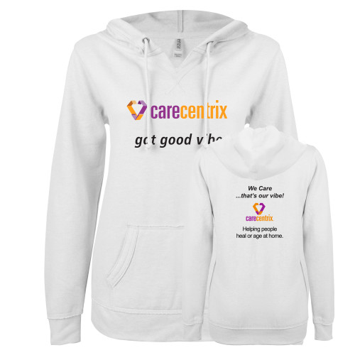 ENZA Womens White V Notch Raw Edge Fleece Hoodie-Got Good Vibes?