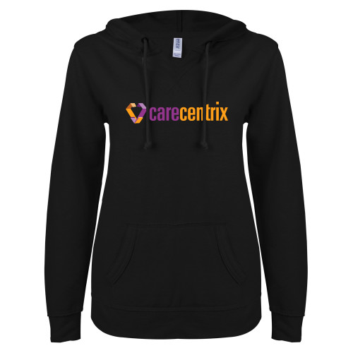 ENZA Womens Black V Notch Raw Edge Fleece Hoodie-Primary Mark