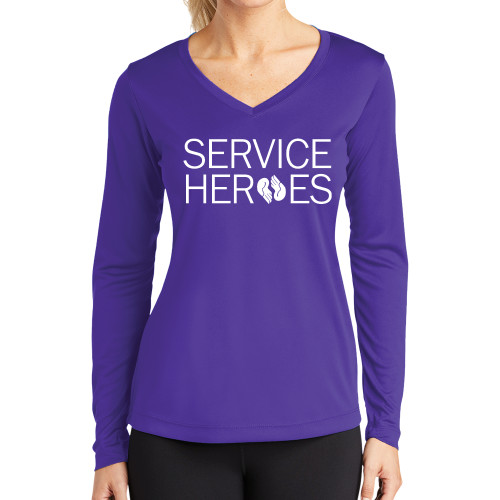 Womens Purple Performance Long Sleeve V Neck Shirt-Service Heroes