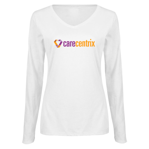 Womens White Long Sleeve V Neck Tee-Primary Mark
