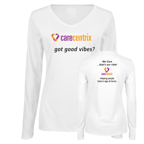 Womens White Long Sleeve V Neck Tee-Got Good Vibes?