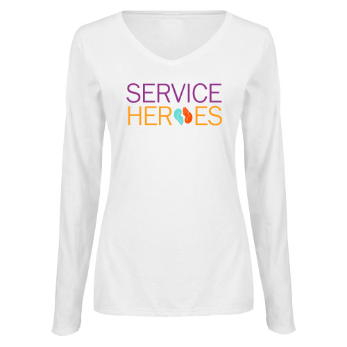 Womens White Long Sleeve V Neck Tee-Service Heroes
