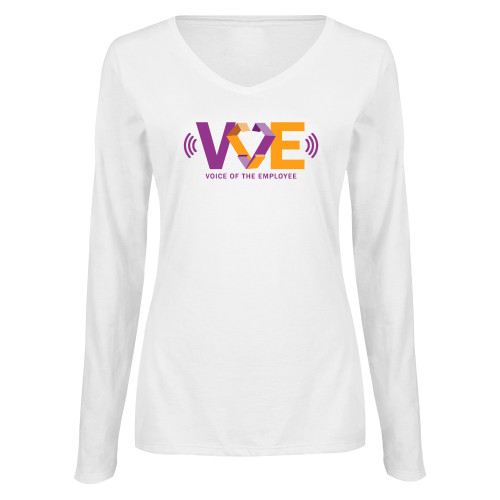 Womens White Long Sleeve V Neck Tee-VOE