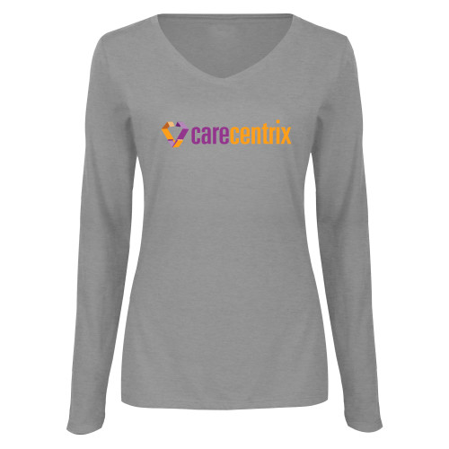 Womens Grey Long Sleeve V Neck Tee -Primary Mark