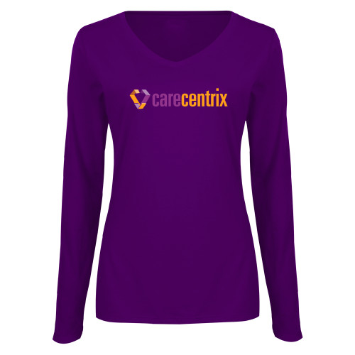 Womens Purple Long Sleeve V Neck Tee -Primary Mark