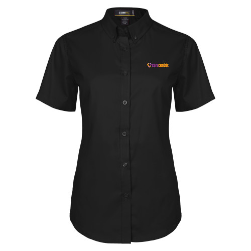Womens Black Twill Button Up Short Sleeve-Primary Mark