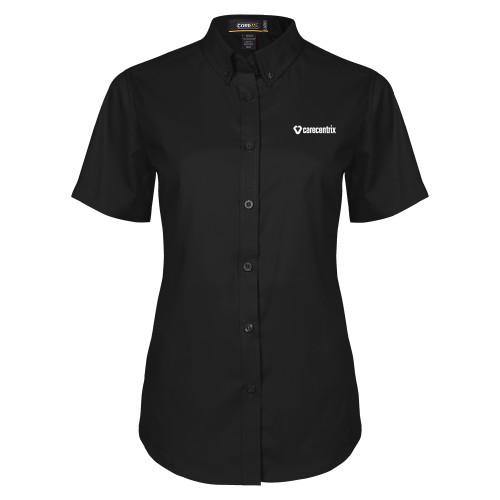 Womens Black Twill Button Up Short Sleeve-Primary Mark