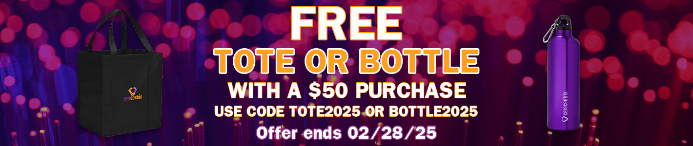 Promotional text reading 'Free Tote or Bottle with a $50 purchase – Use code TOTE2025 or BOTTLE2025. Offer ends 2/28/2025.' The background features a simple textured design framing the text.