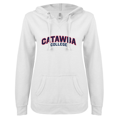  ENZA Womens White V Notch Raw Edge Fleece Hoodie - Catawba College