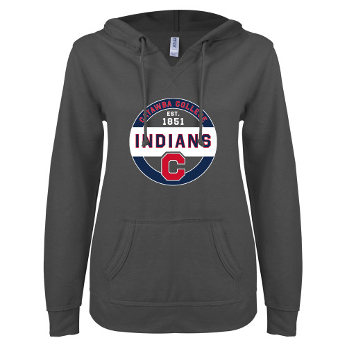  ENZA Womens Dark Heather V Notch Raw Edge Fleece Hoodie - Catawba College Est 1851