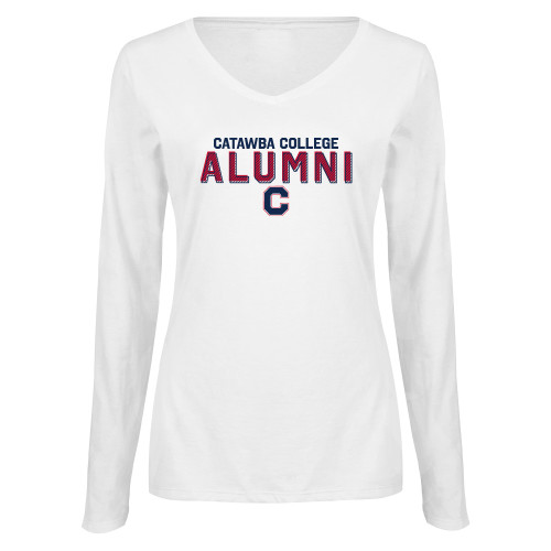  Womens White Long Sleeve V Neck Tee - Catawba College Alumni Stripe