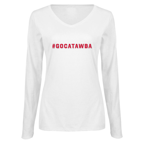  Womens White Long Sleeve V Neck Tee - GoCatawba