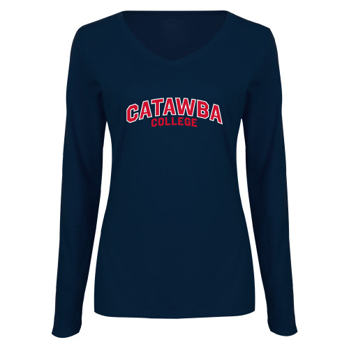 Catawba Womens Navy Long Sleeve V Neck Tee