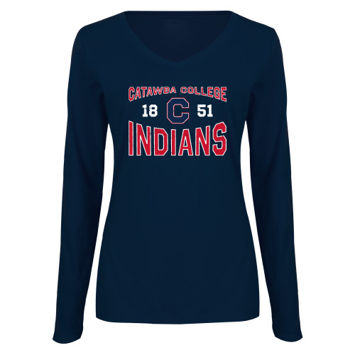  Womens Navy Long Sleeve V Neck Tee - Catawba College 1851 Distressed