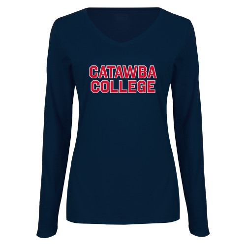  Womens Navy Long Sleeve V Neck Tee - Catawba Primary Wordmark