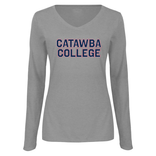  Womens Grey Long Sleeve V Neck Tee  - Catawba Primary Wordmark