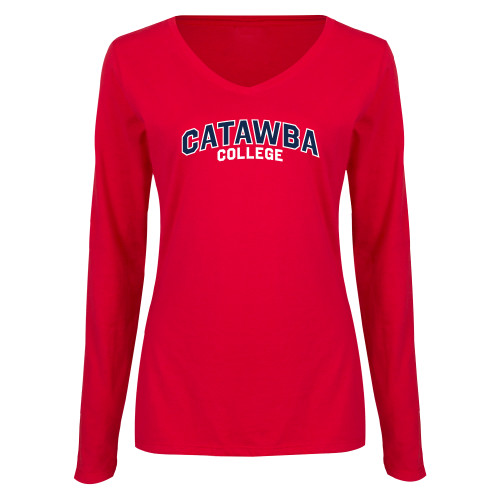  Womens Red Long Sleeve V Neck Tee - Catawba College Primary Mark
