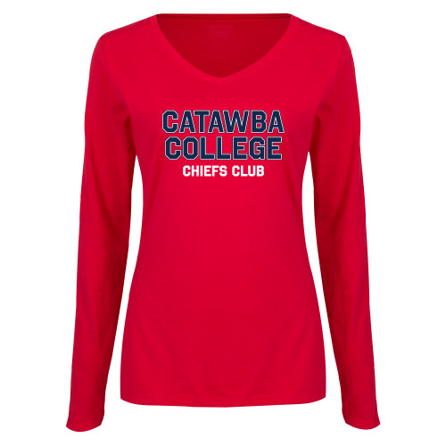  Womens Red Long Sleeve V Neck Tee - Catawba College Chiefs Club