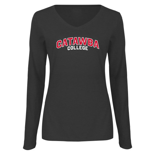  Womens Dark Heather Long Sleeve V Neck Tee  - Catawba College Primary Mark