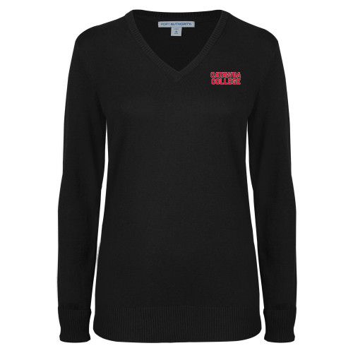  Womens Black VNeck Sweater - Catawba College Stacked